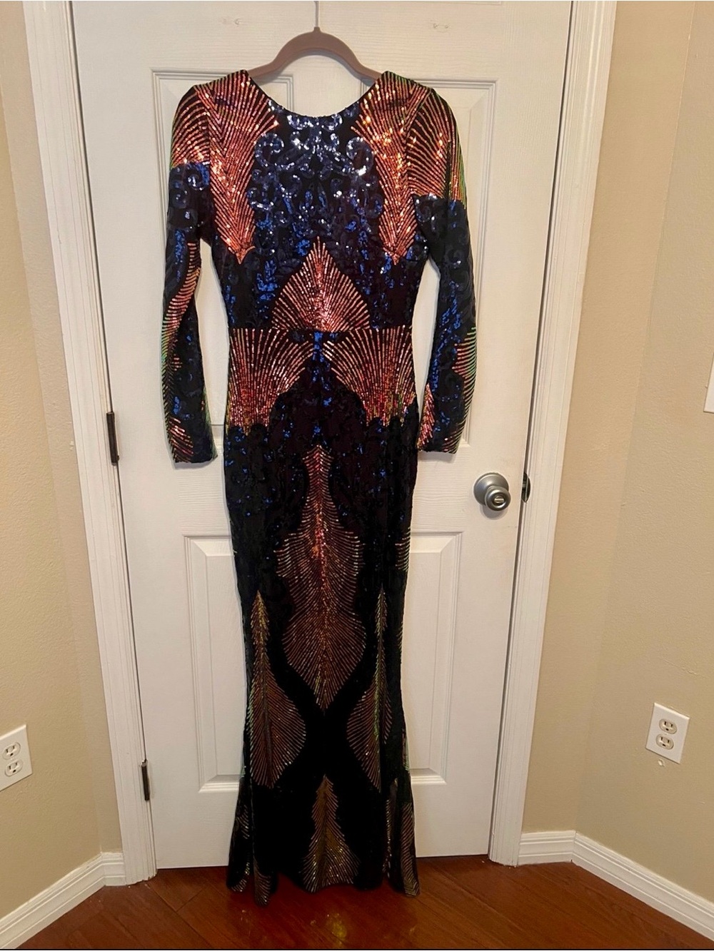 Long-Sleeve Sequin Evening Gown in Navy and Copper